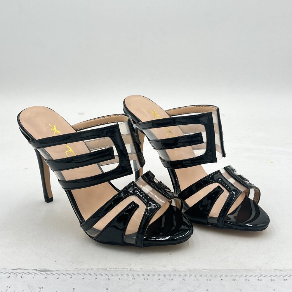 XYD Black Clear PVC Band Thin High Heel Slide Sandals Open Toe Summer Shoe